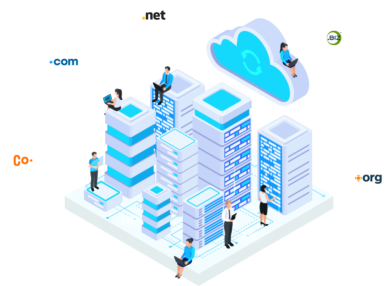 Illustration of people interacting with server stacks labeled with different domain extensions, representing various web hosting options.